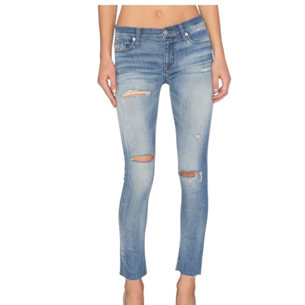 Hudson Shine Midrise Ankle Skinny Raw Hem Med Wash Distressed Denim Jean Size 27